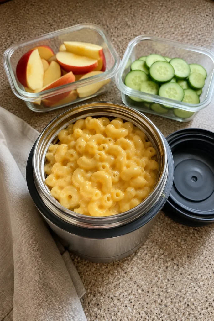 Easy Mac and Cheese Thermos Lunch with fruit and vegetables