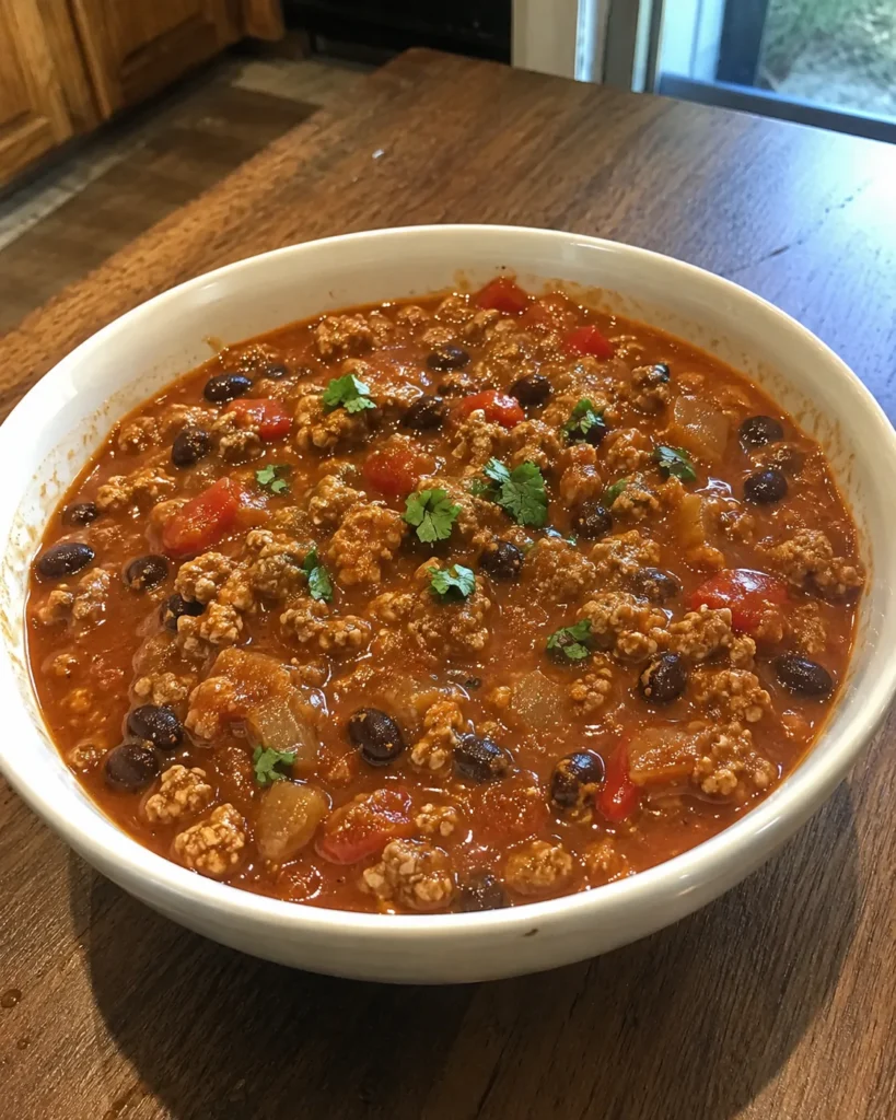 Easy Turkey Pumpkin Chili with ground turkey, black beans, tomatoes, and red bell pepper