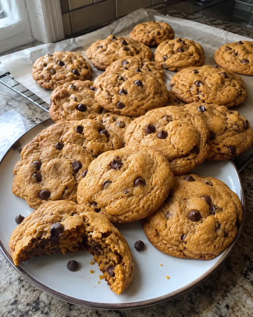 Fall Cookies with soft pumpkin spice centers and semisweet chocolate chips