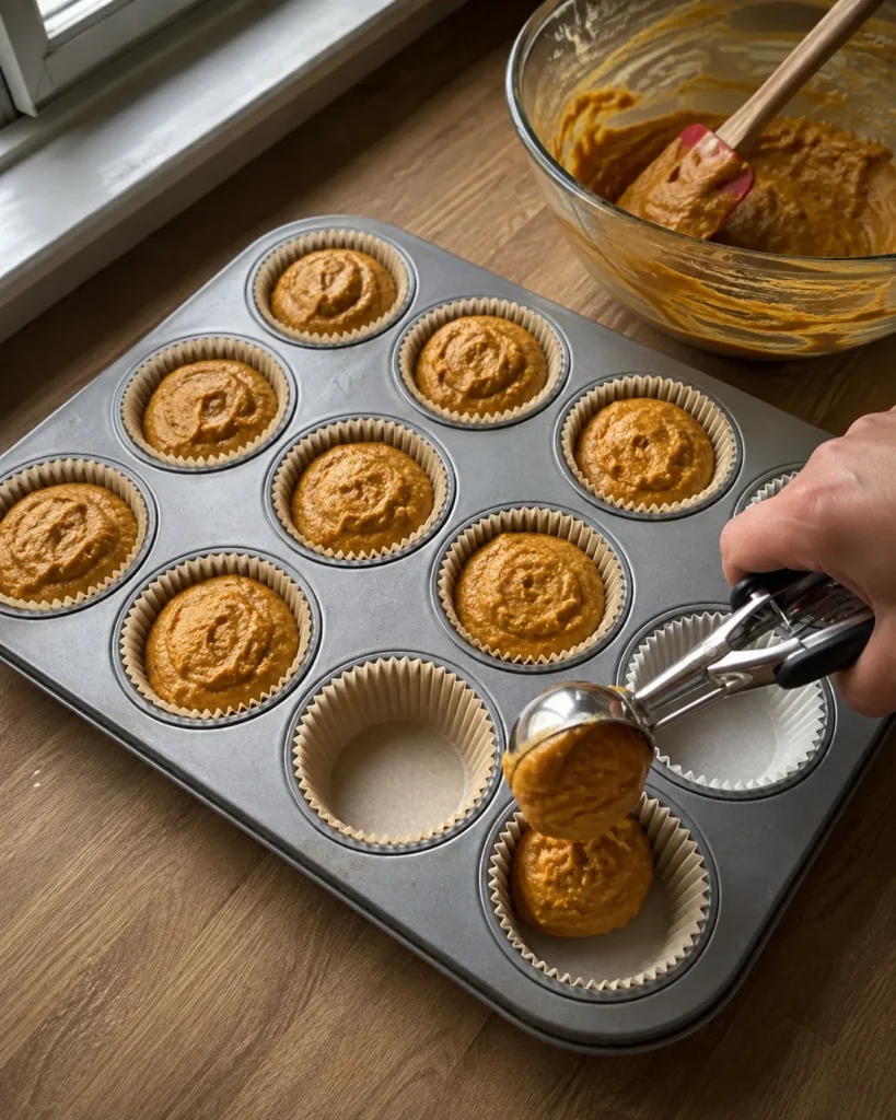 Pumpkin cupcake batter being portioned into lined muffin wells