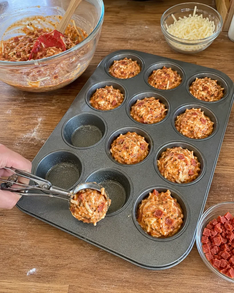 Pizza muffin batter being portioned into a greased muffin pan before baking