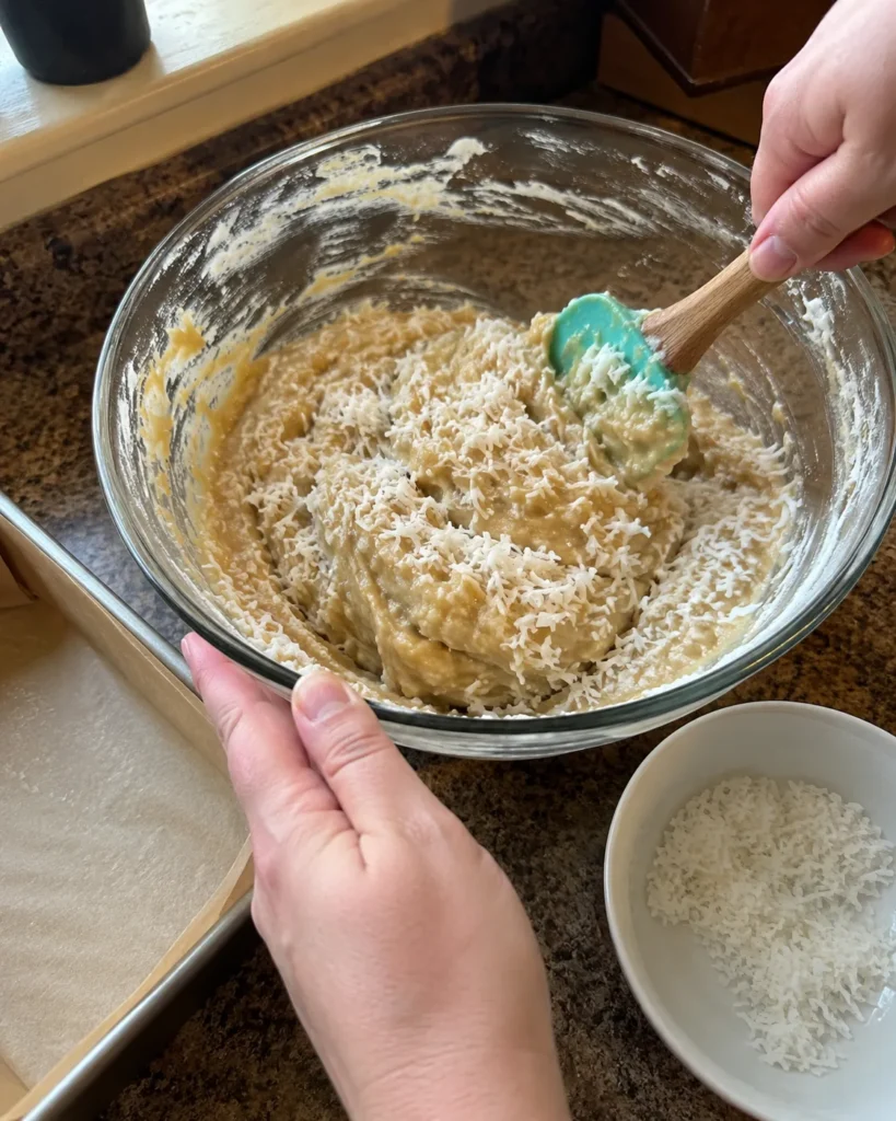 Shredded coconut being folded into Coconut Banana Bread batter before baking