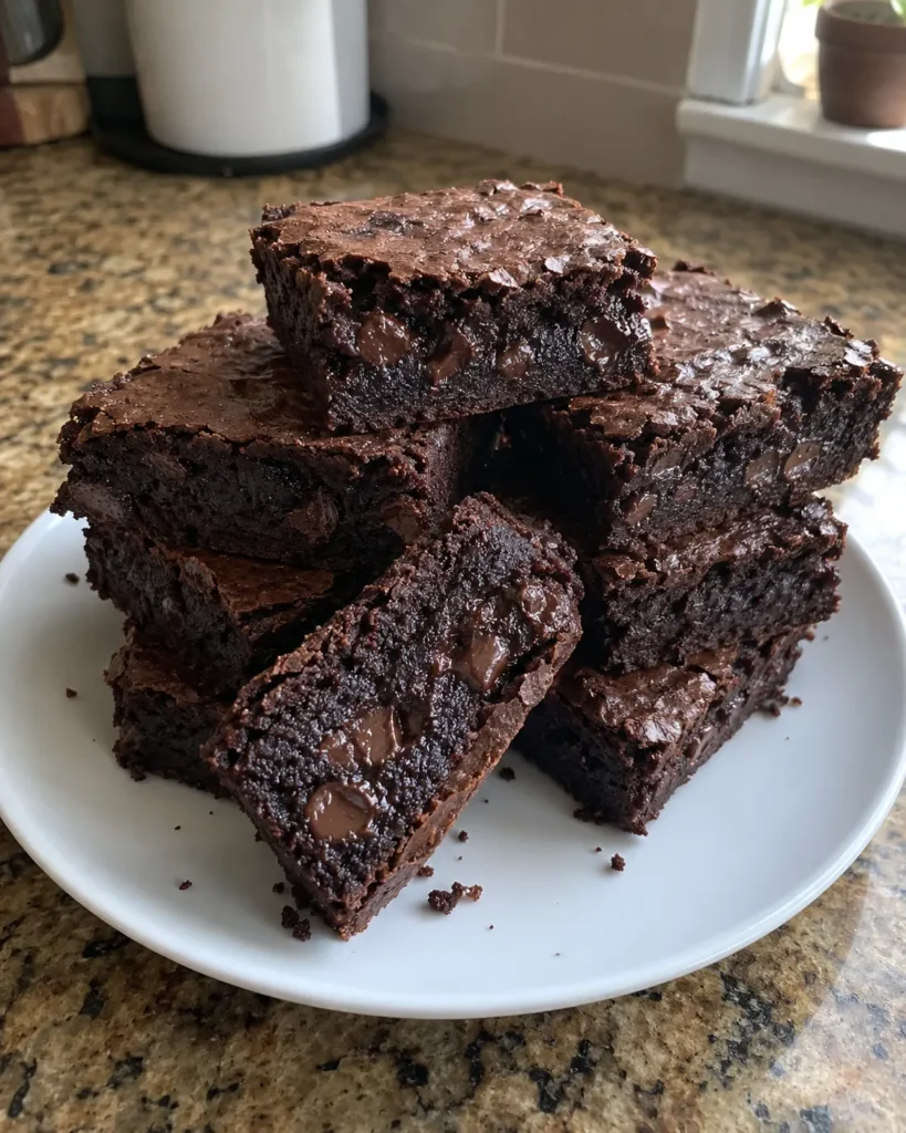 Fudgy Zucchini Brownies stacked on a plate with a dense moist chocolate center