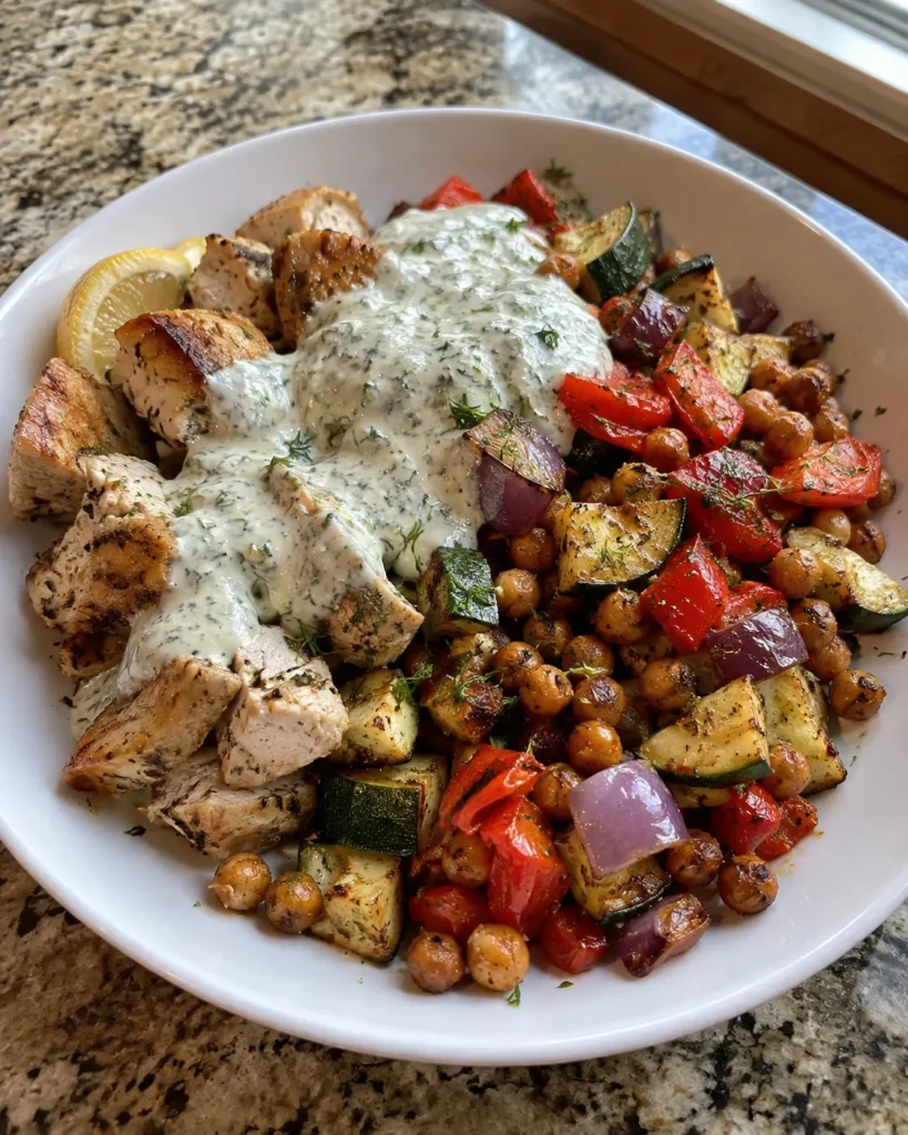 GLP-1 high-protein dinner with roasted chicken, chickpeas, vegetables, and Greek yogurt sauce