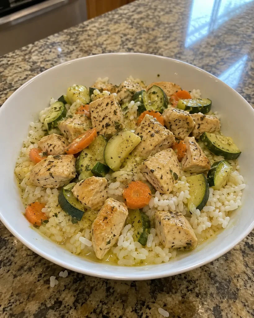 Gentle GLP-1 Dinners lemon chicken bowl with rice, zucchini, and carrots