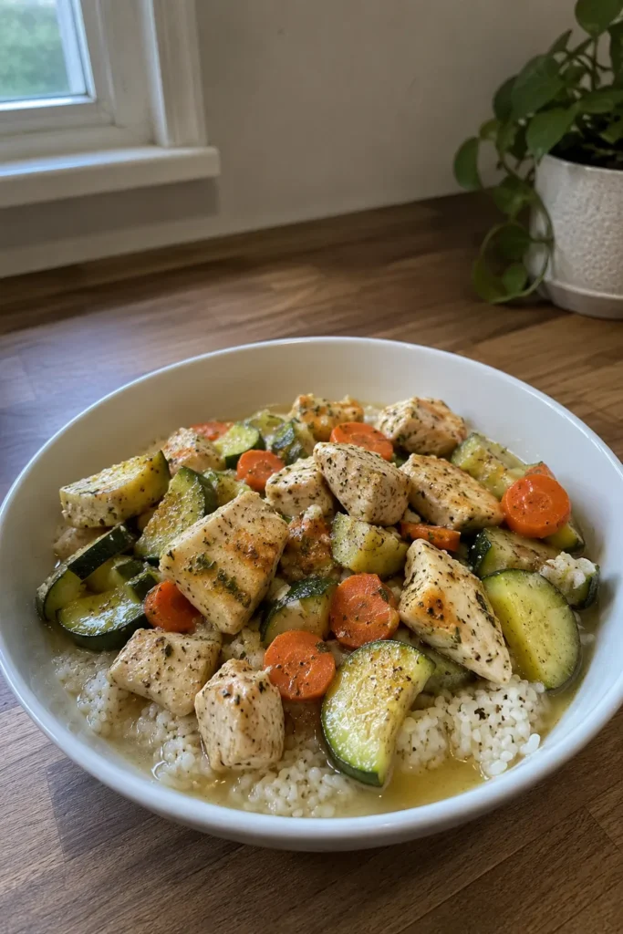 Gentle GLP-1 Dinners with lemon chicken, rice, zucchini, and tender carrots