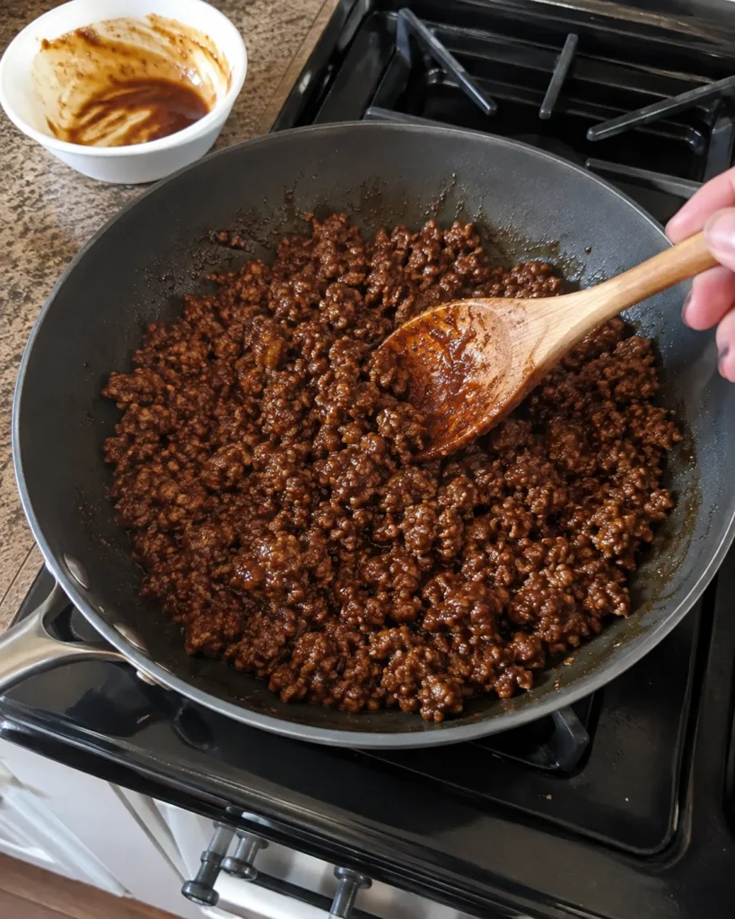 Ground beef simmering in glossy sauce for Korean Ground Beef Bowl