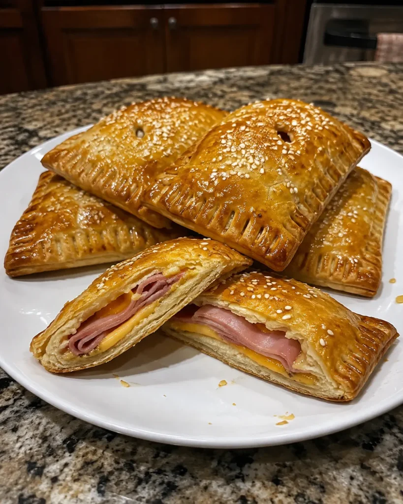 Ham and Cheese Pocket Sandwiches with golden crescent crust, sliced ham, and melted Cheddar