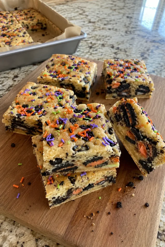 Vertical view of Halloween Oreo Cake Bars with festive sprinkles and chopped Oreos