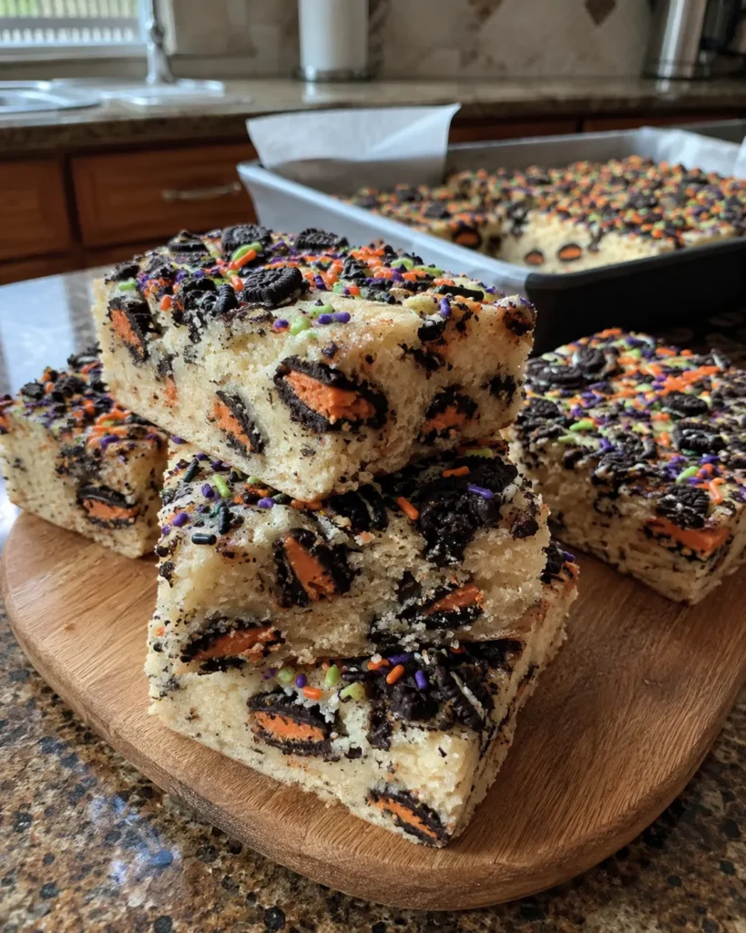 Halloween Oreo Cake Bars stacked with orange-creme cookie pieces and colorful sprinkles