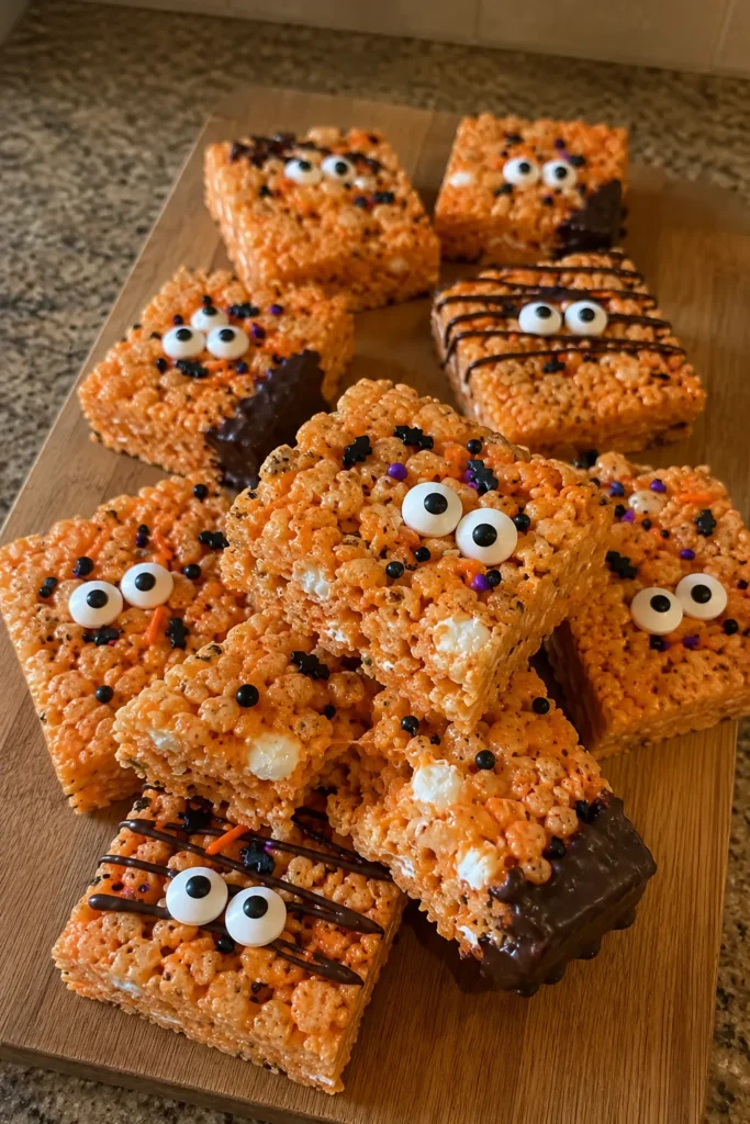 Stacked Halloween Rice Krispie treats with gooey marshmallow centers and festive decorations
