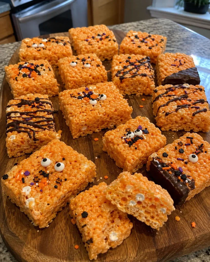 Halloween Rice Krispie treats decorated with candy eyes, sprinkles, and chocolate drizzle