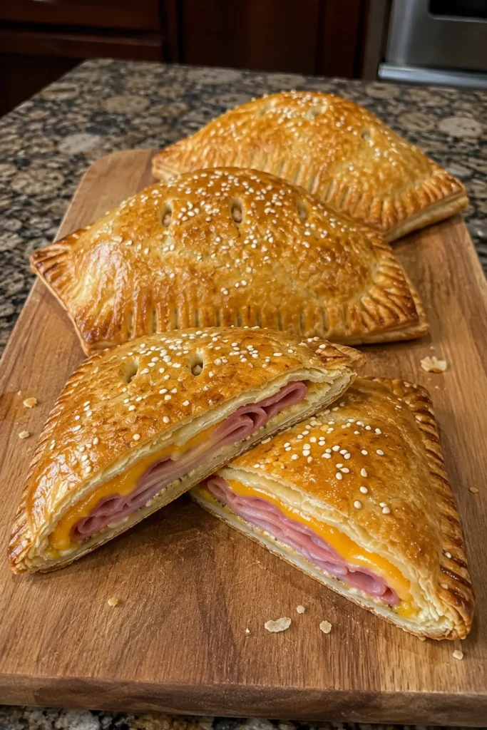 Ham and Cheese Pocket Sandwiches arranged on a wooden board with one pocket cut open