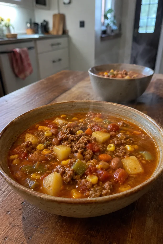 Hearty Cowboy Soup served with ground beef, potatoes, beans, corn, and tomatoes