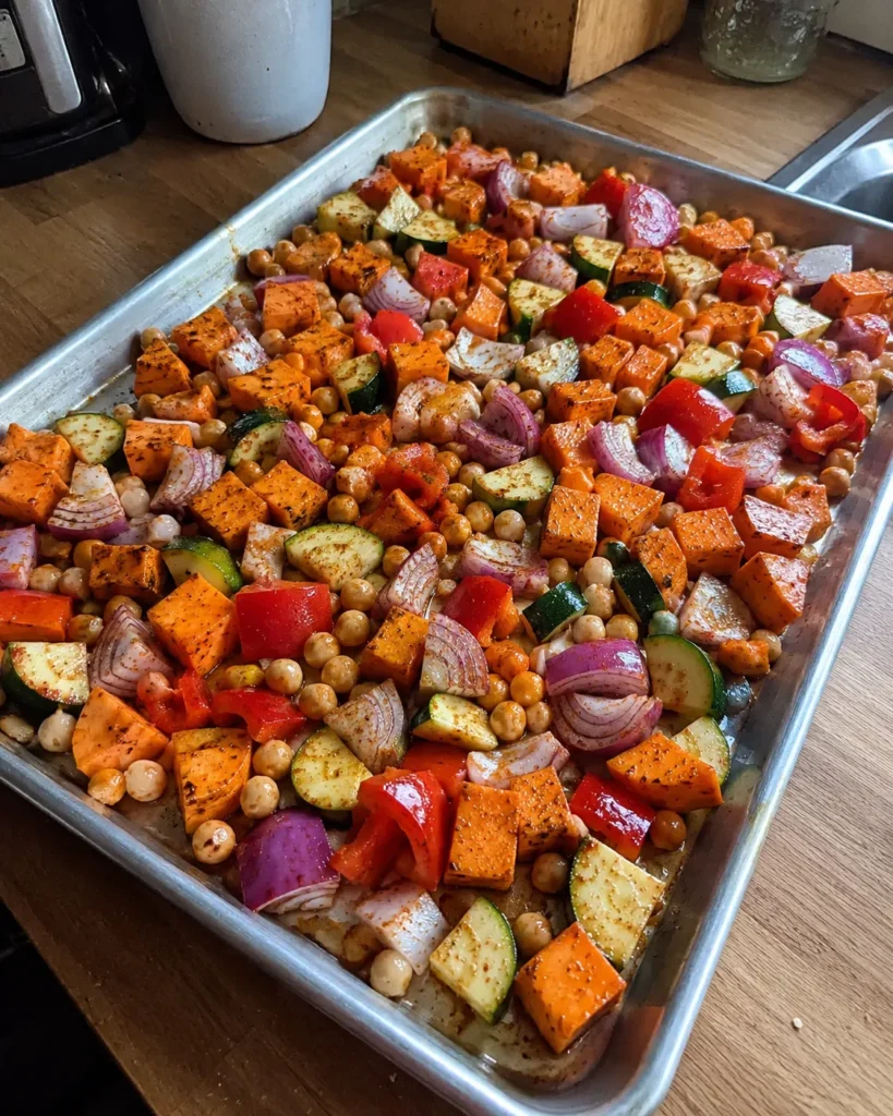 Chickpeas, sweet potato, zucchini, bell pepper, and red onion ready to roast for High-Fiber dinner