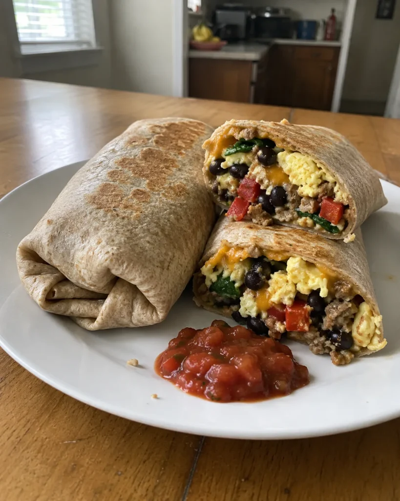 High-Protein Breakfast Burrito cut open with eggs, turkey sausage, black beans, spinach, peppers, and melted cheddar