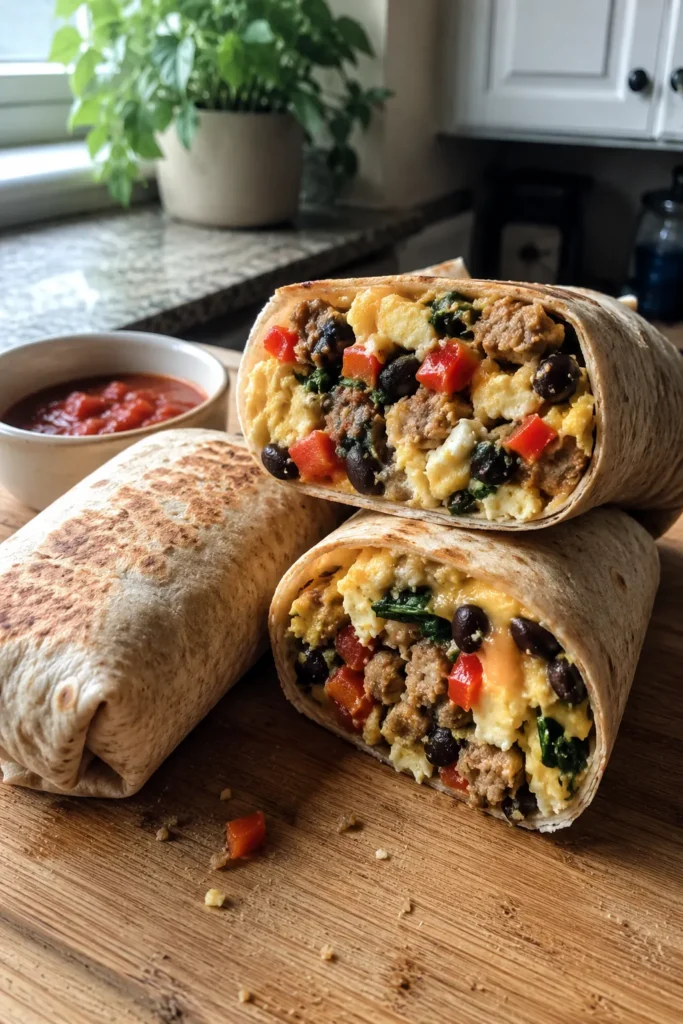 High-Protein Breakfast Burrito meal prep with whole and sliced burritos filled with eggs, sausage, beans, and vegetables