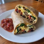 High-Protein Breakfast Burrito halves showing fluffy eggs, black beans, turkey sausage, vegetables, and cheddar