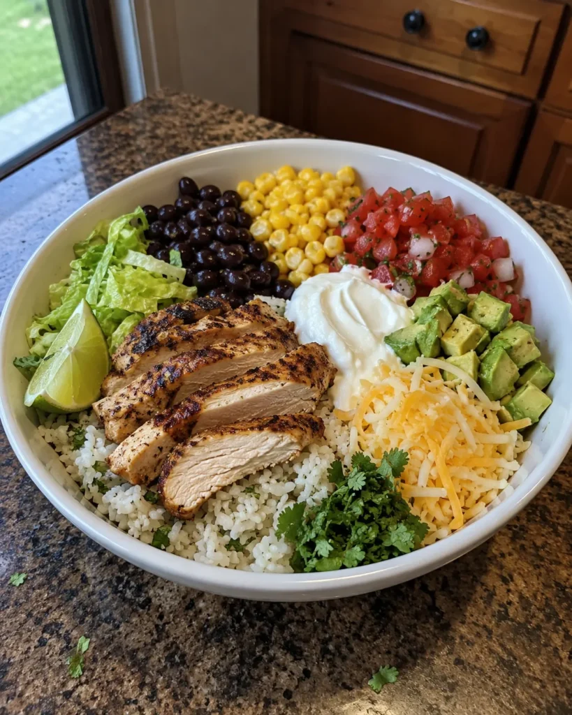 Chicken Burrito Bowl with seasoned chicken, cilantro-lime rice, black beans, corn, avocado, and pico de gallo