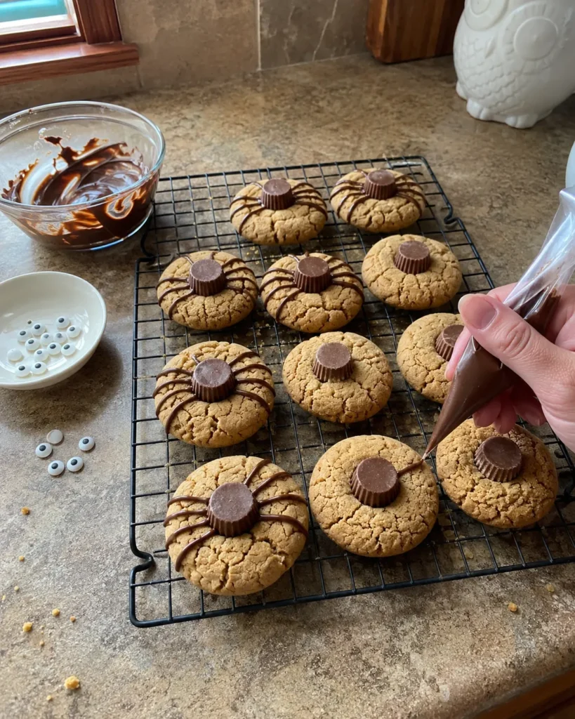 Piping chocolate legs onto Peanut Butter Spider Cookies during decorating