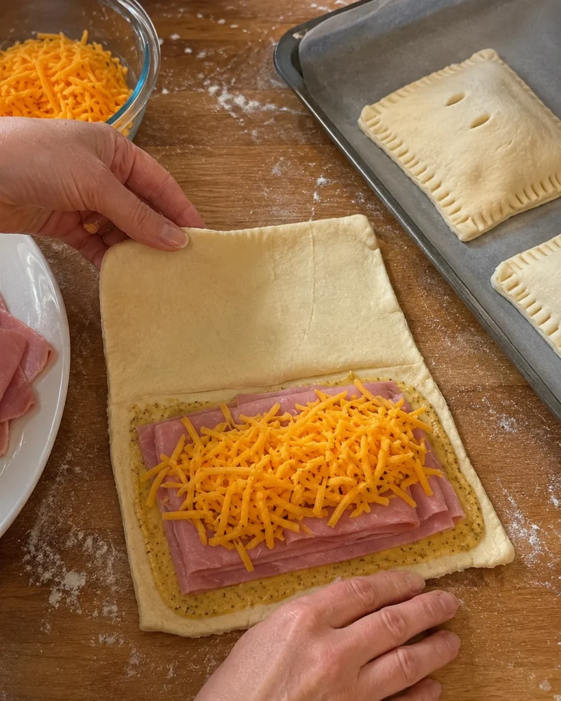 Filling Ham and Cheese Pocket Sandwiches with Dijon mustard, cooked ham, and shredded Cheddar