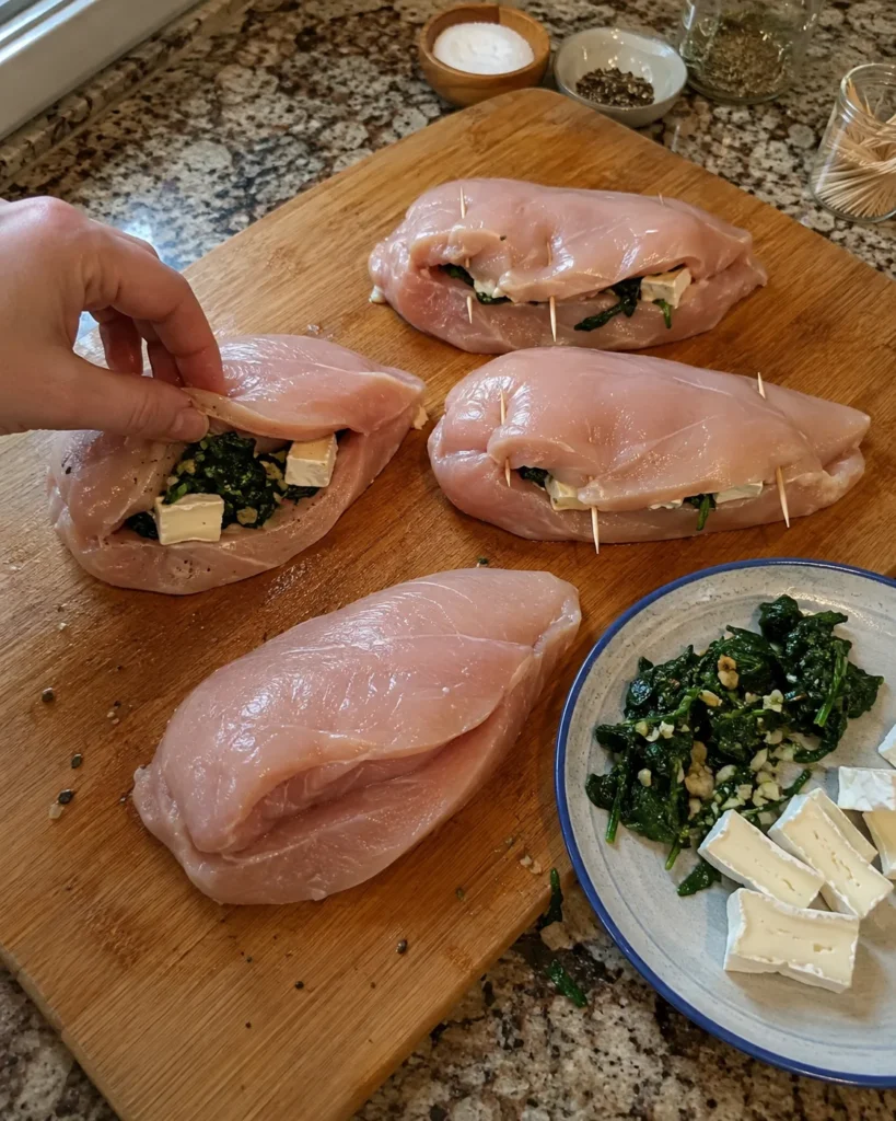 Stuffing chicken breast pockets with Brie cheese and cooked spinach