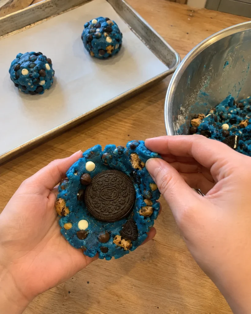 Stuffing Cookie Monster Cookies dough with a whole chocolate sandwich cookie before baking