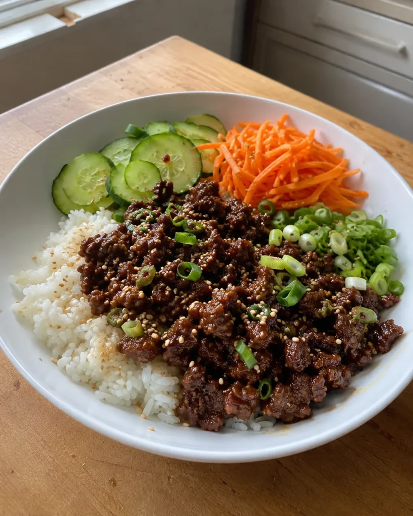 Korean Ground Beef Bowl with rice, cucumber, shredded carrot, scallions, and sesame seeds