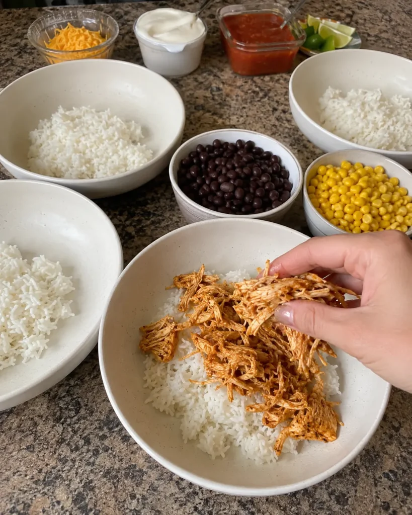 Adding shredded chicken to rice for Lazy High Protein Dinner bowls
