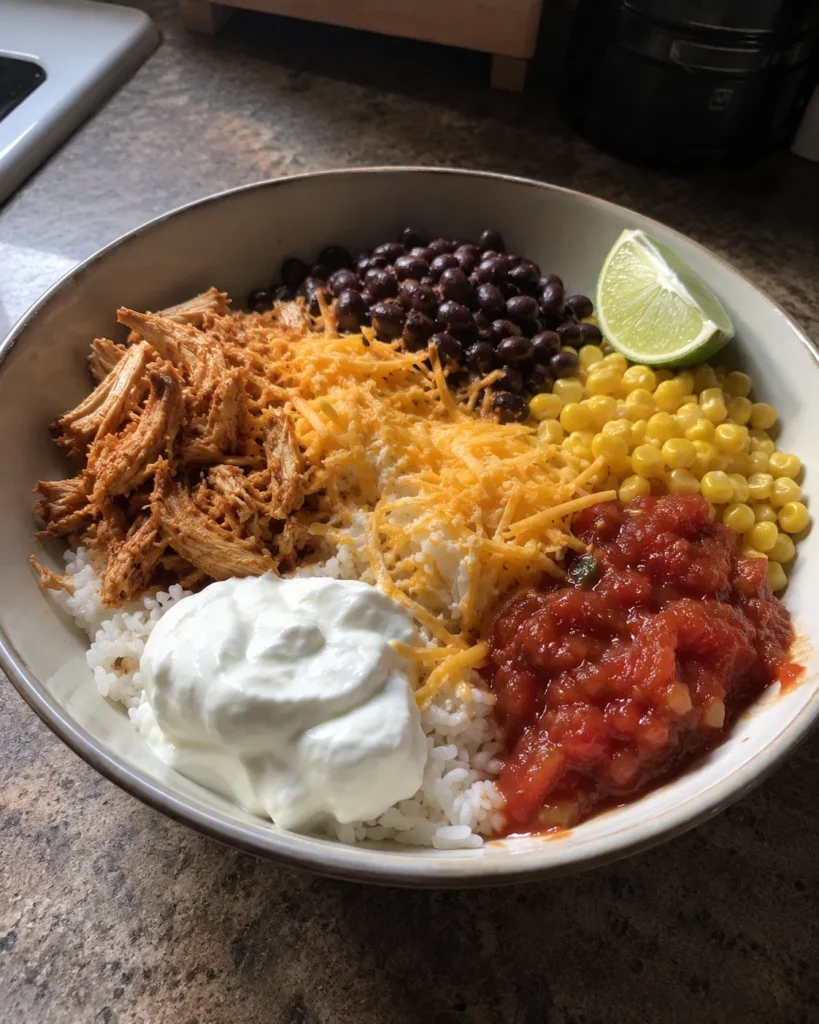 Lazy High Protein Dinner with chicken, rice, black beans, corn, salsa, Greek yogurt, and cheddar