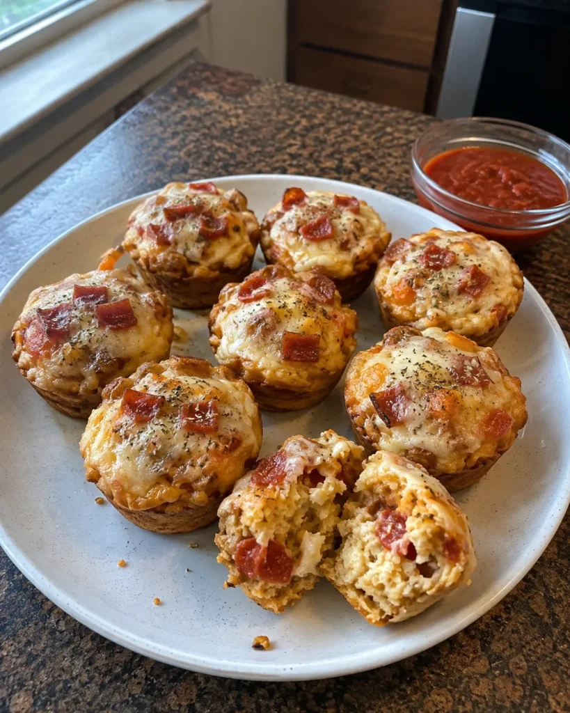 Lunchbox Pizza Muffins with melted mozzarella, pepperoni, and a soft pizza-flavored center
