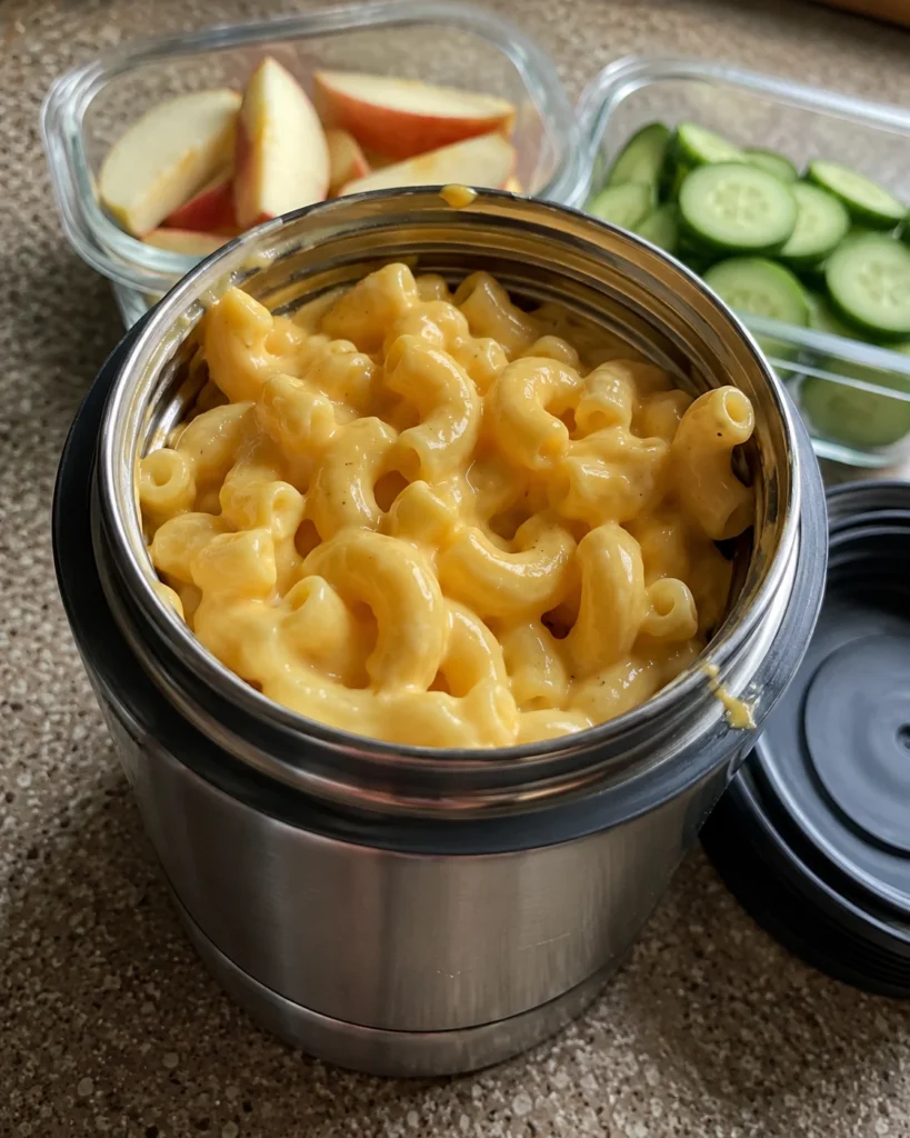 Mac and Cheese Thermos Lunch packed in an open insulated food jar