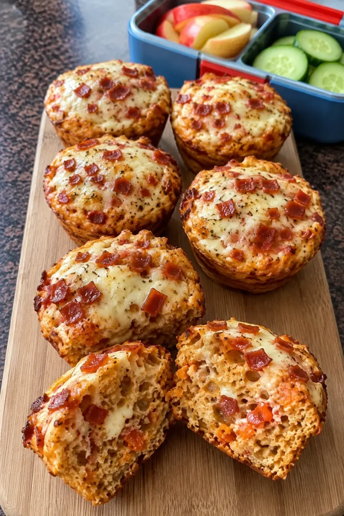 Lunchbox Pizza Muffins arranged on a wooden board with fruit and vegetables for lunch