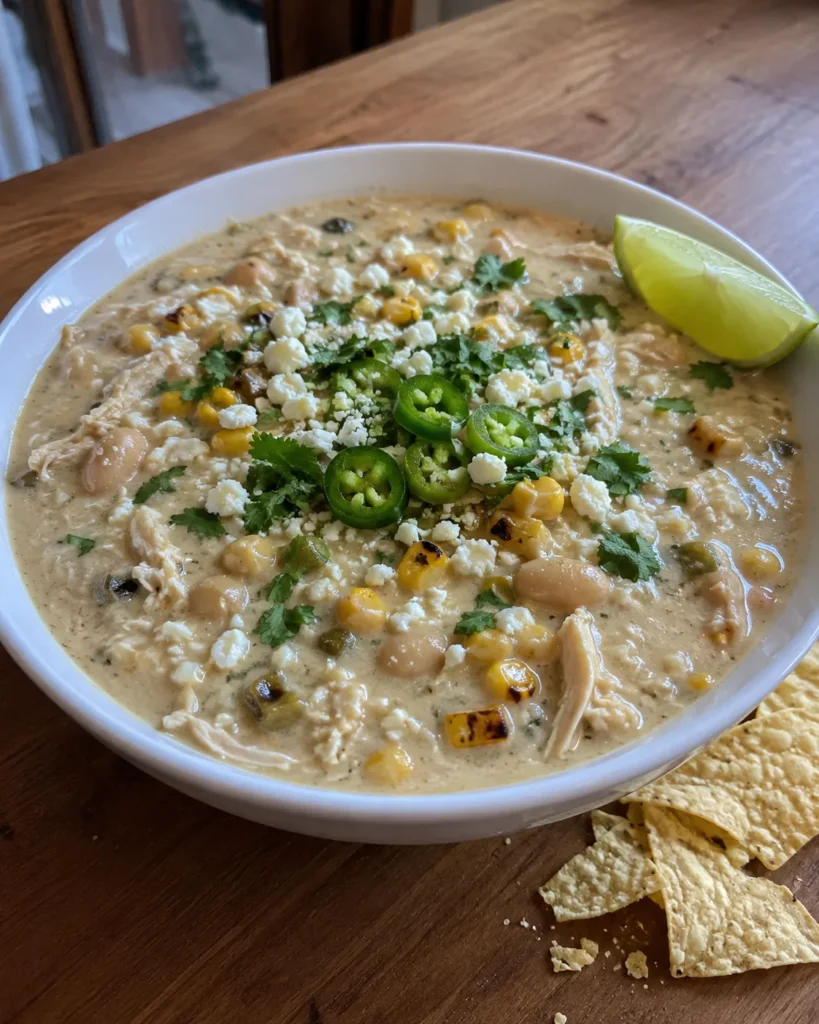 Mexican Street Corn White Chicken Chili topped with Cotija cheese, cilantro, roasted corn, jalapeño, and lime
