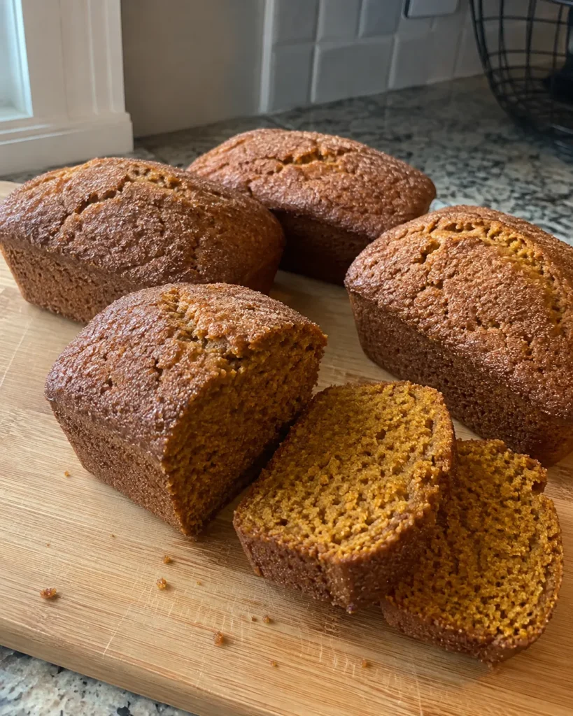 Mini Pumpkin Bread with Cinnamon with sliced moist pumpkin loaf and cinnamon-sugar tops