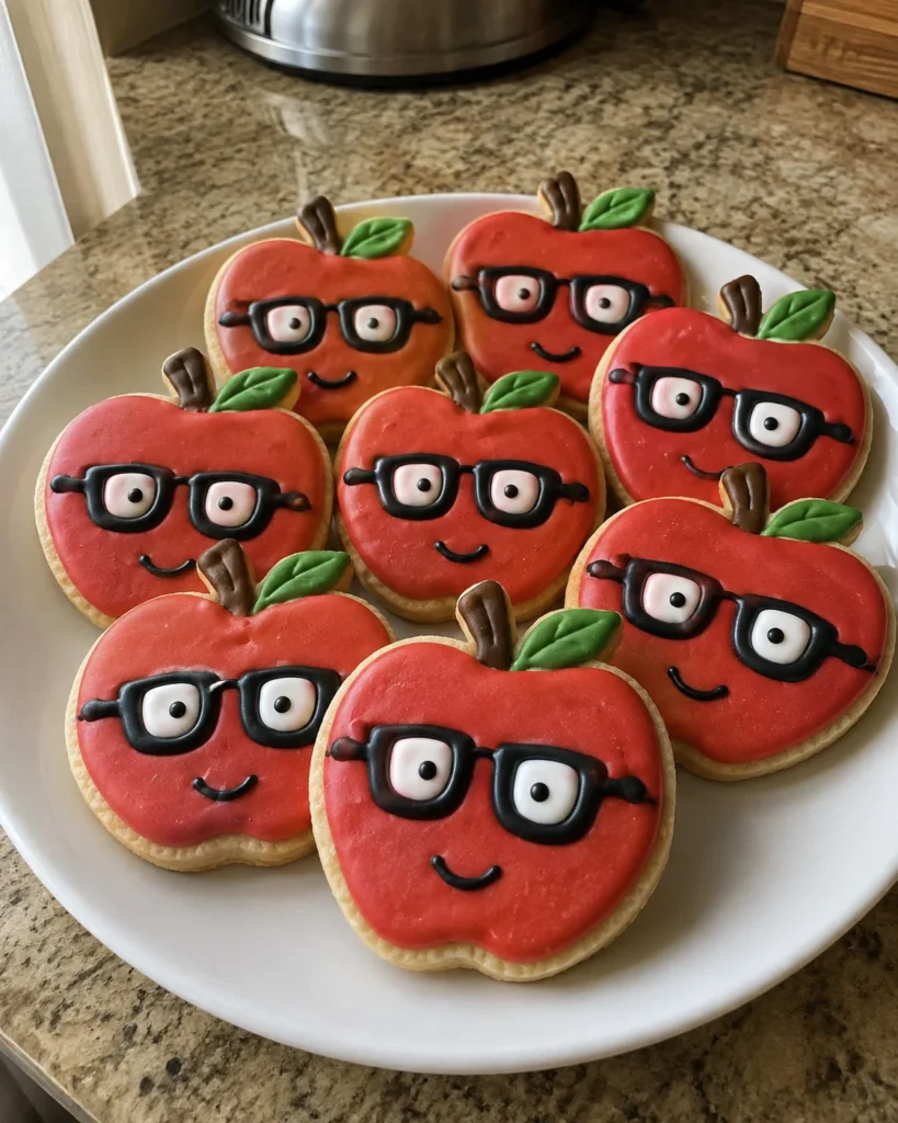 Nerdy Apple Cookies with red royal icing, green leaves, glasses, eyes, and smiling faces