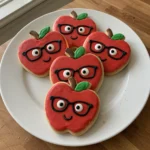 Nerdy Apple Cookies arranged on a plate with red icing and black eyeglass decorations