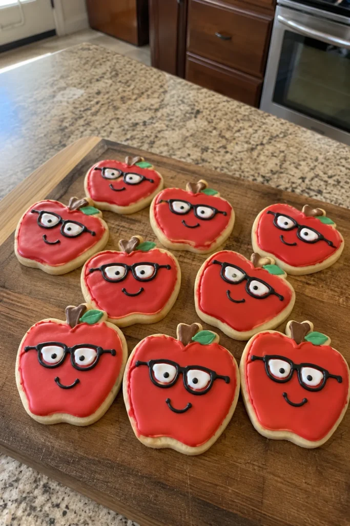 Nerdy Apple Cookies arranged on a wooden board for a back-to-school dessert