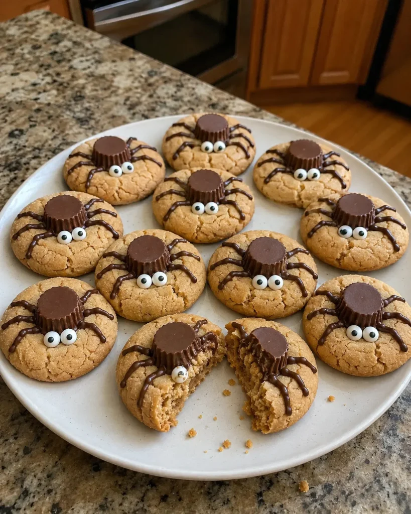 Peanut Butter Spider Cookies with chocolate candy bodies, piped legs, and candy eyes