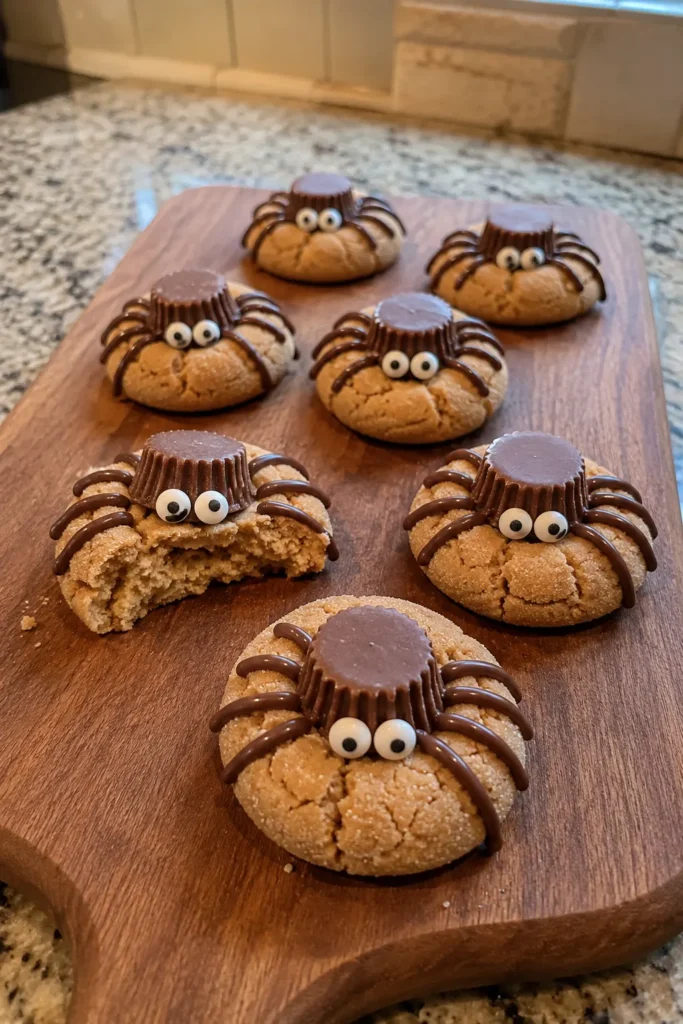 Peanut Butter Spider Cookies arranged on a wooden board for a Halloween party
