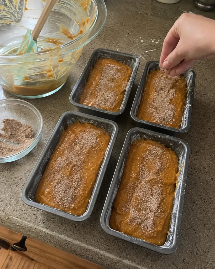 Pumpkin bread batter in mini loaf pans being topped with cinnamon sugar before baking