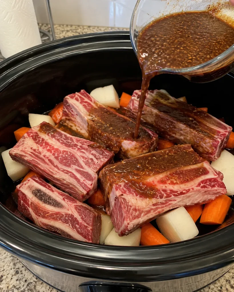 Sauce being poured over beef short ribs, carrots, and daikon in a slow cooker