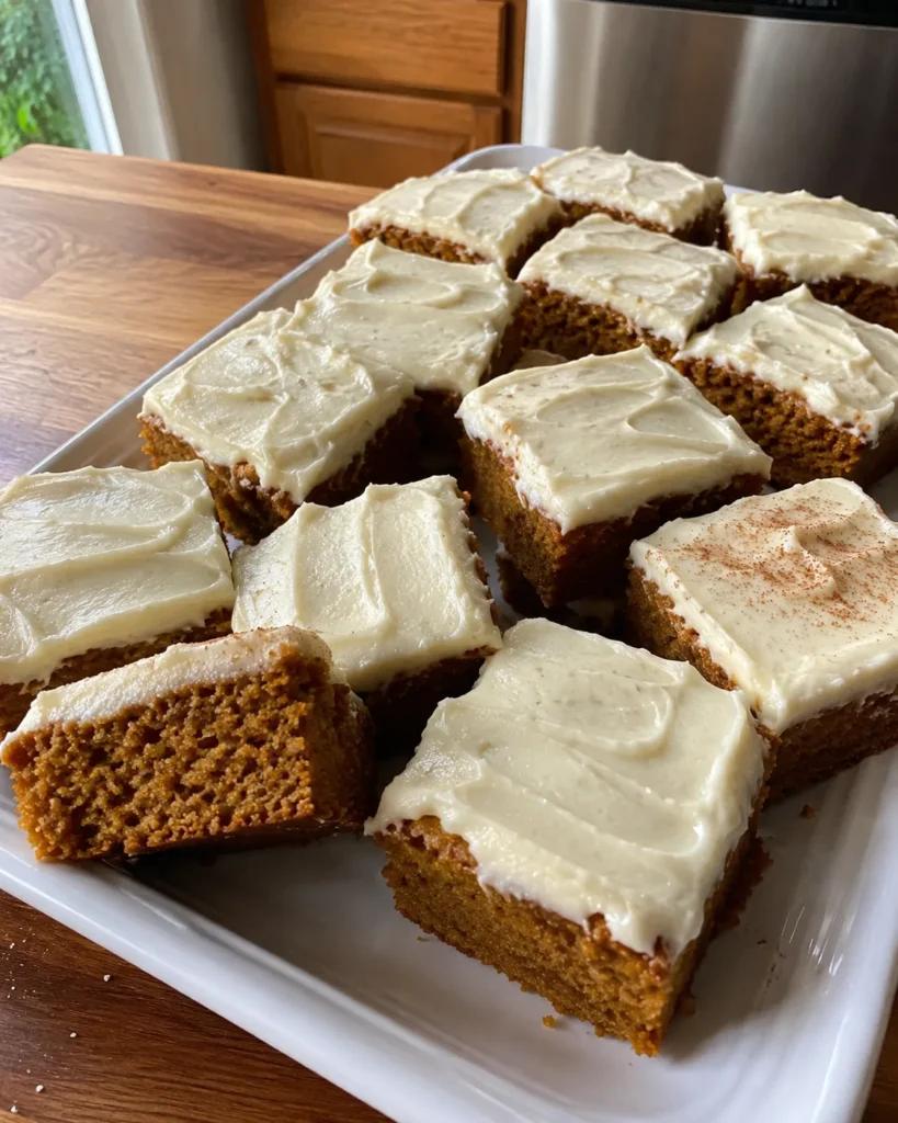 Pumpkin Bars with cream cheese frosting cut into soft, moist squares