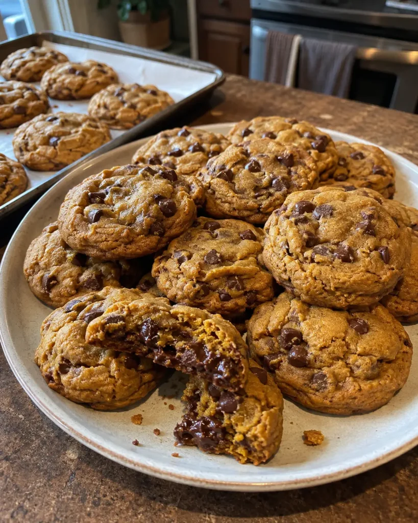 Pumpkin chocolate chip cookie batch with soft centers and melted semisweet chocolate chips