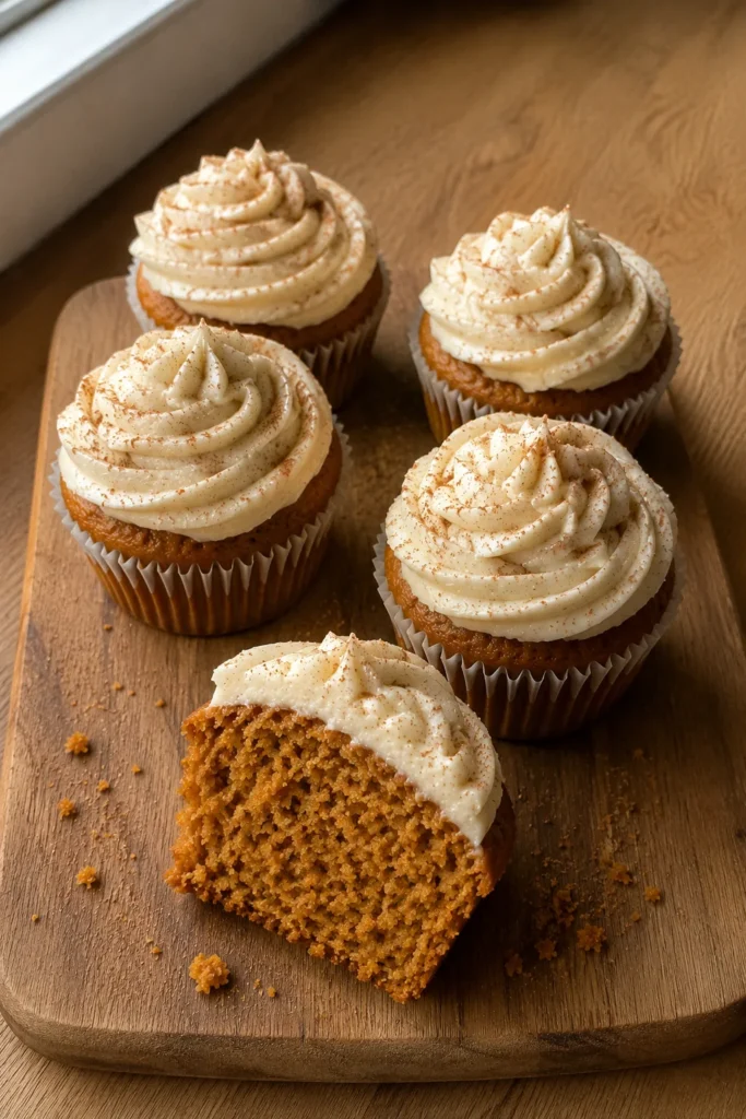 Vertical image of Pumpkin Cupcakes with Cinnamon Cream Cheese Frosting on a wooden board