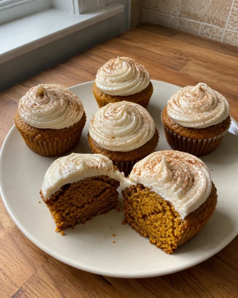 Pumpkin Cupcakes with Cinnamon Cream Cheese Frosting on a plate with one cupcake cut open