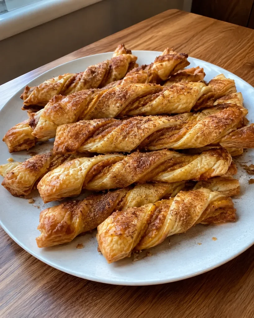 Pumpkin Pie Twists piled on a plate with flaky golden puff pastry and cinnamon sugar