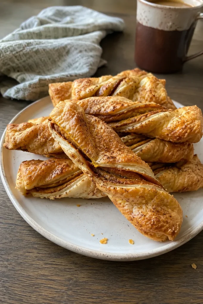 Flaky Pumpkin Pie Twists stacked on a plate for an easy fall dessert