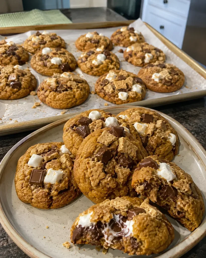 Freshly baked Pumpkin S'mores Cookies with melted chocolate, gooey marshmallows, and graham cracker pieces.