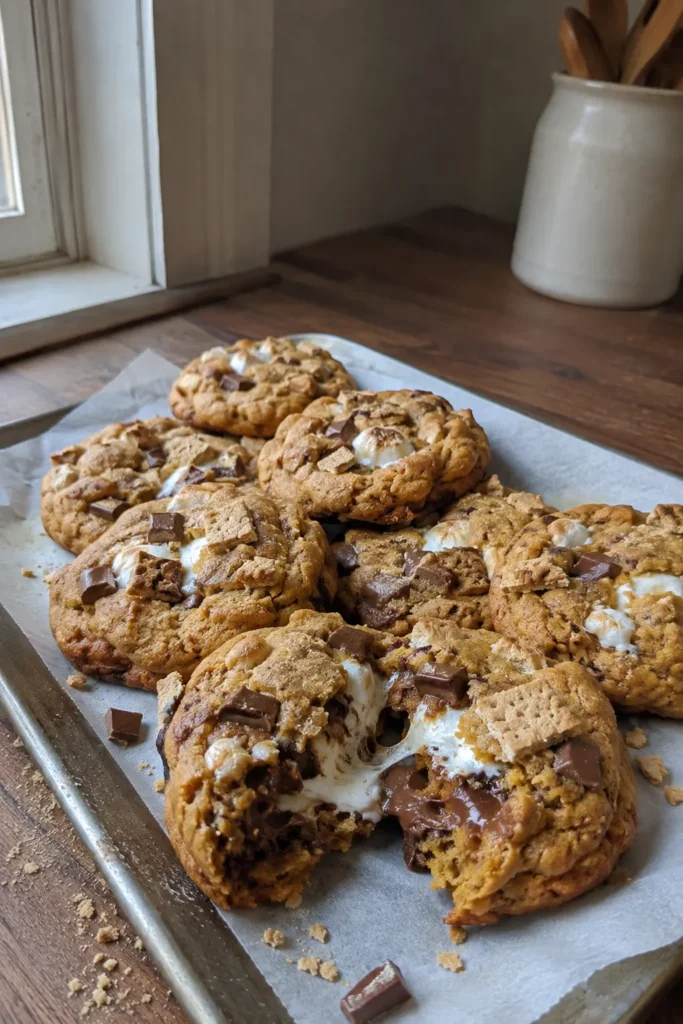 Pumpkin S'mores Cookies on a white plate with one cookie broken open to show melted chocolate and marshmallow.
